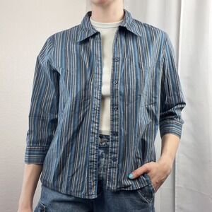 Vintage Y2K Top Womens Large Blue Striped Button Up 90s Granola Academia Classic